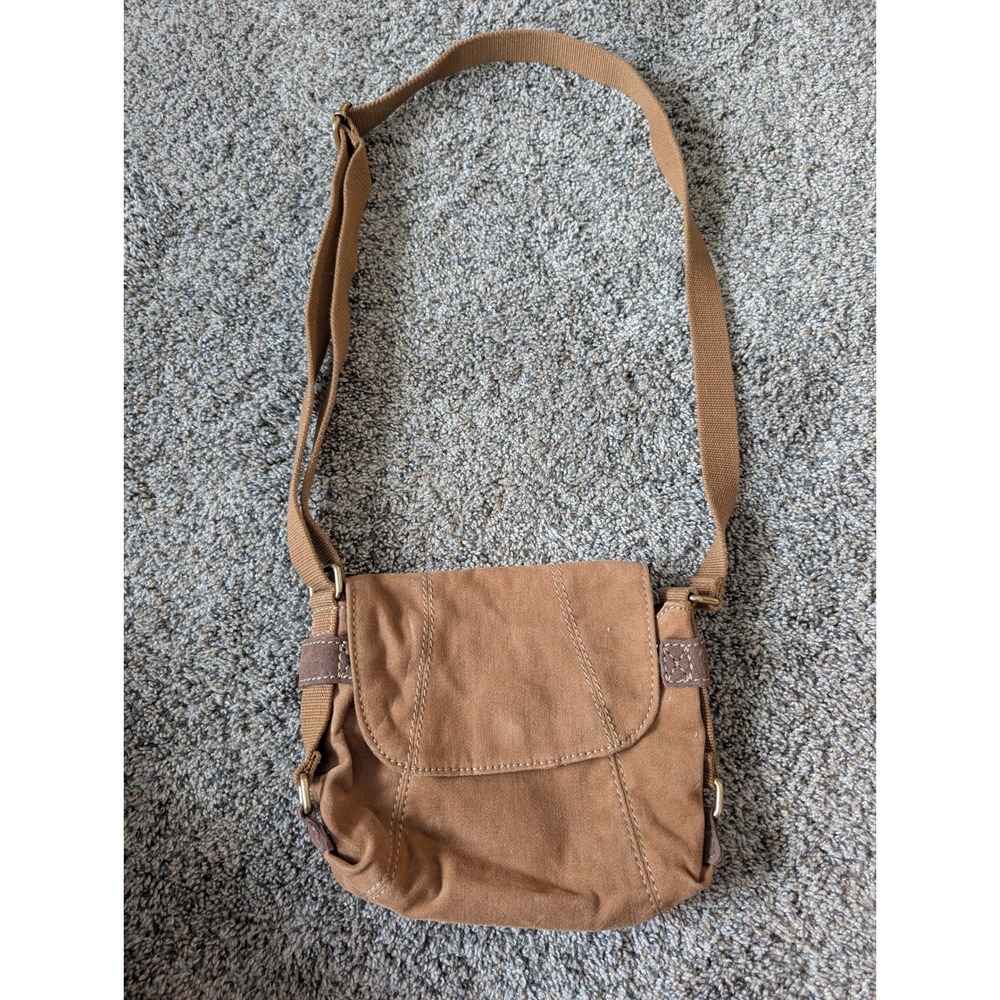 Fossil Brown Canvas Suede Crossbody Bag Messenger Adjustable Strap Paisley